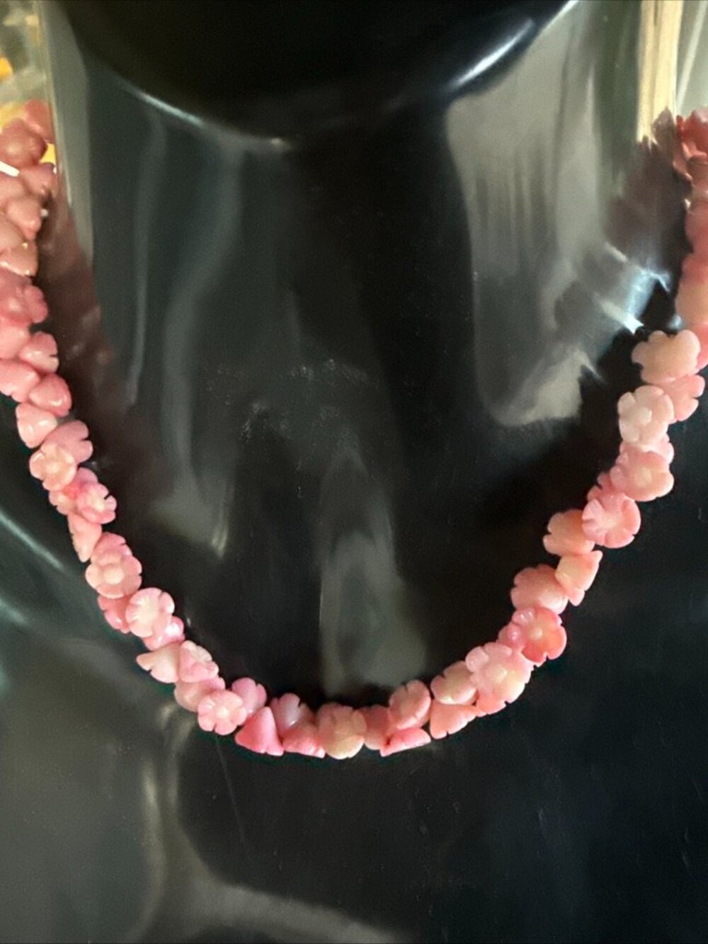 Vintage Carved Pink Coral Flower Bead Necklace Strand, 18K Gold-Filled Clasp